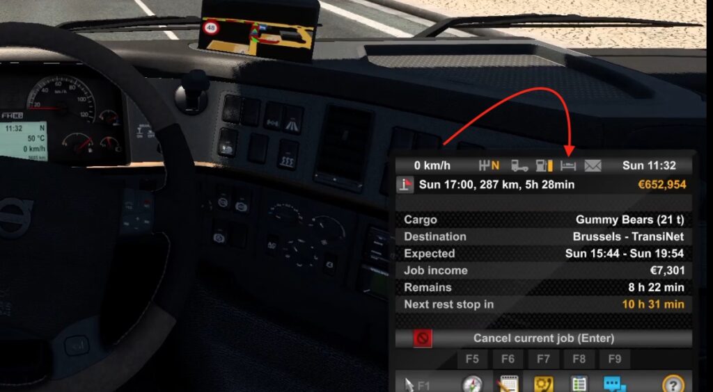 rest icon in ets 2 trip computer